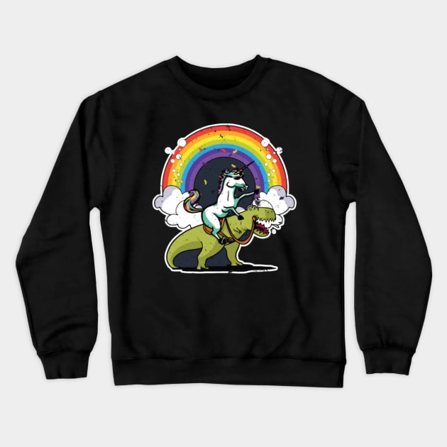 Unicorn Riding Dinosaur T Rex T Shirt Rainbow Crewneck Sweatshirt by Xizin Gao